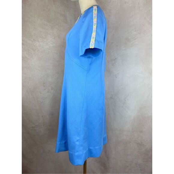 Vintage 1970s Mod Blue Shift Dress Floral Embroidered - Picture 5 of 9